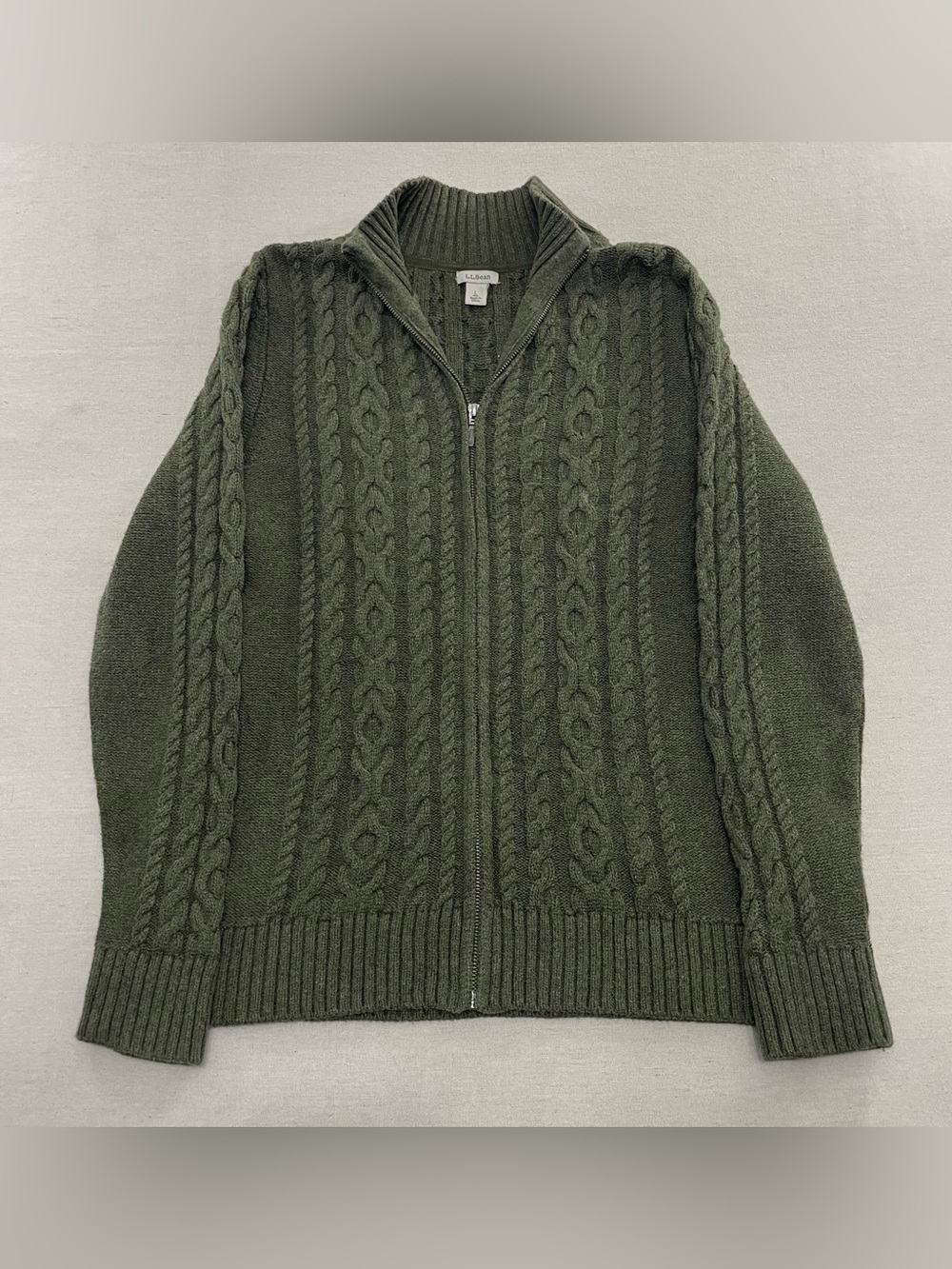 LL Bean Cardigan Sweater Women's Large Double L Cable Knit Full Zip Fisherman